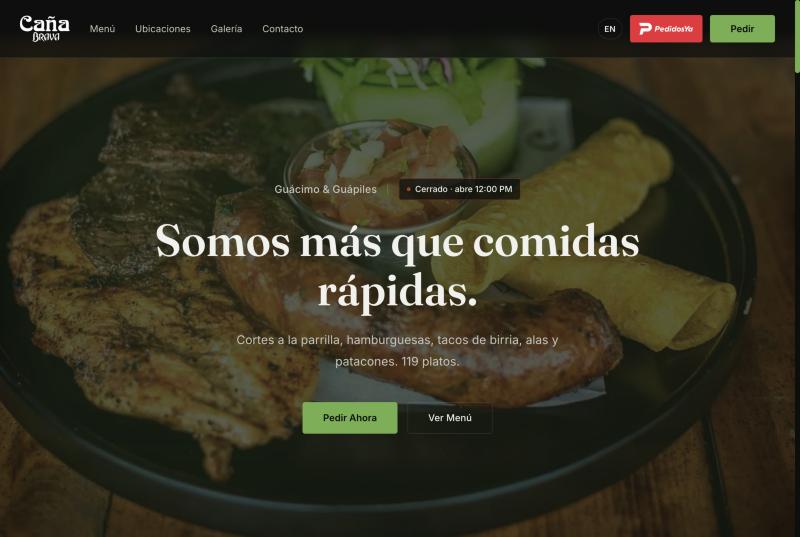 Página de inicio de Caña Brava, con fotografía de un plato a la parrilla