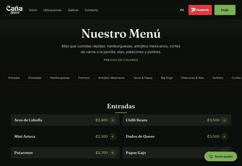 Menú de Caña Brava, con categorías y precios en colones