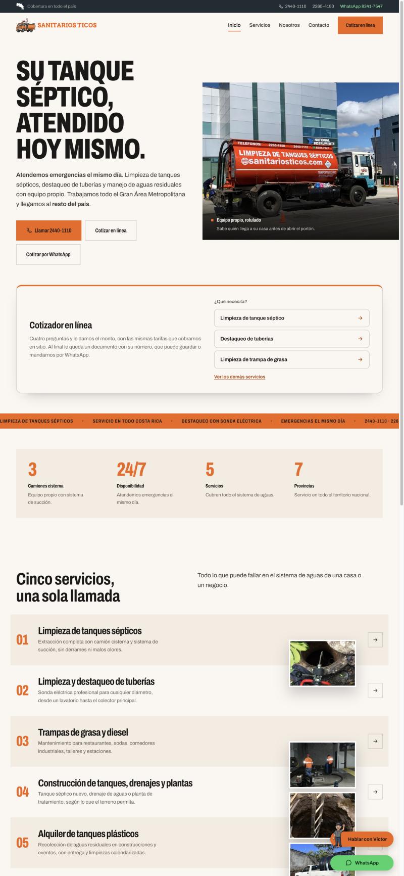 Página de inicio de Sanitarios Ticos, de arriba abajo