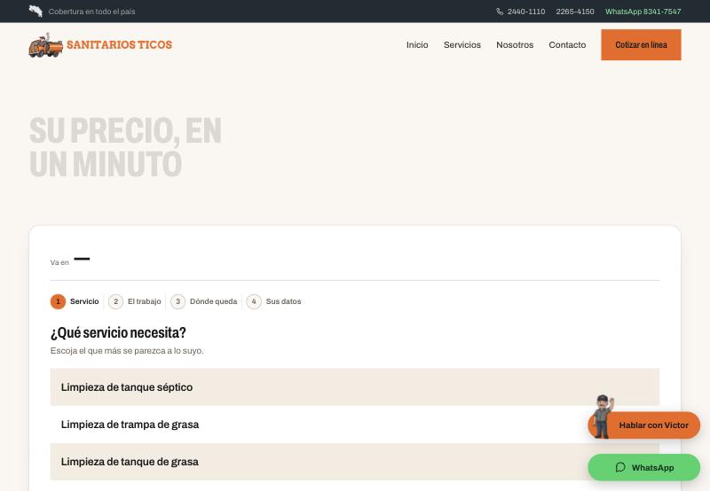 Cotizador en línea de Sanitarios Ticos, con los pasos del formulario